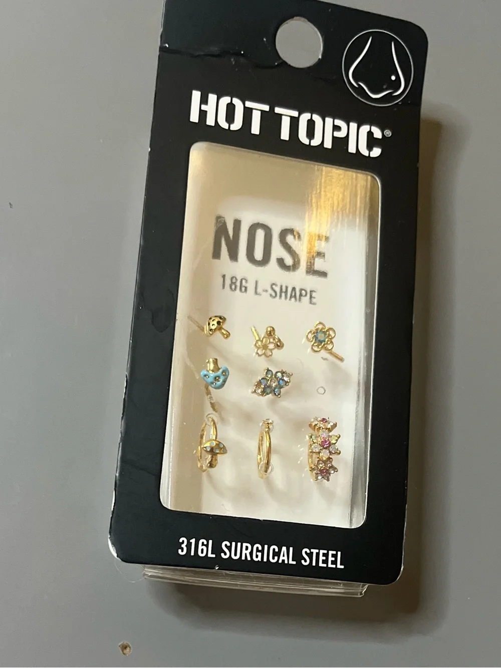 Hot Topic Nose Stud Set 9 Pack 18G L-Shape Gold Butterfly Mushroom NWT